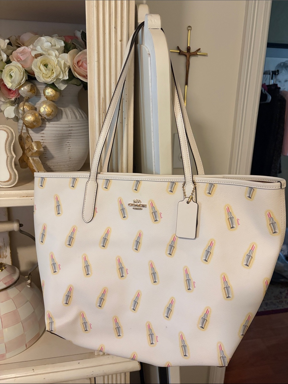 Coach White Tote with Pink Lipstick Print